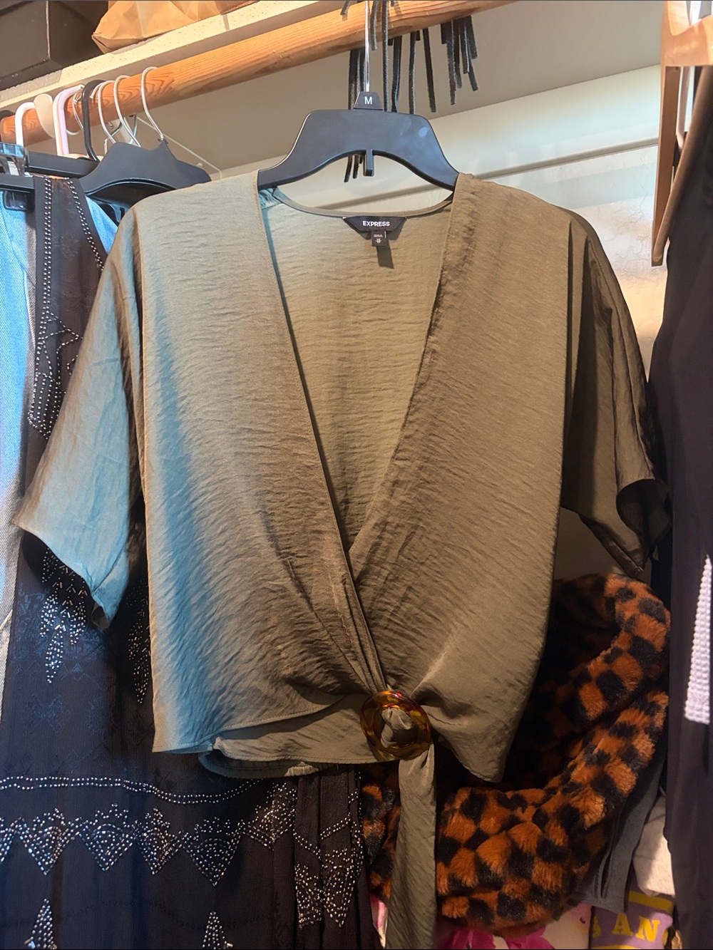 Express Olive Knit Tie-Front V-Neck Blouse